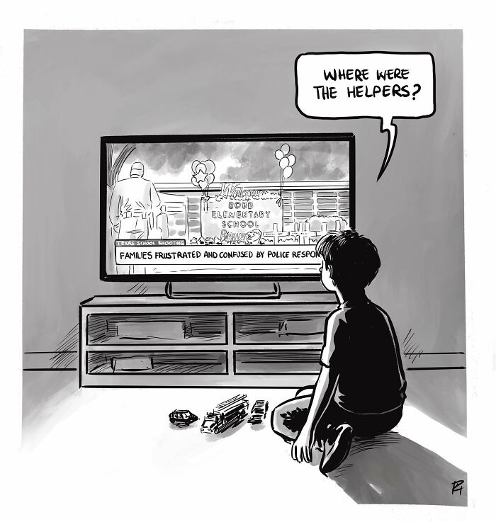 Child watching news about school shooting, toys scattered, questioning helpers, powerful comics sparking important conversations.