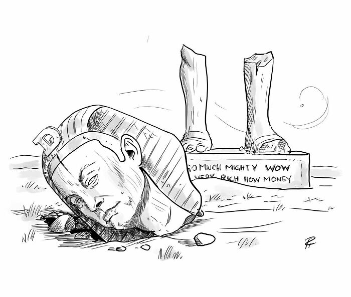 Black and white comic illustration showing a fallen statue head and broken legs, sparking important conversations about today’s world.