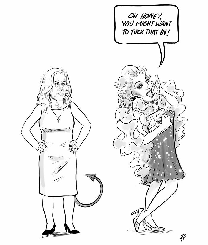 Black and white comics showing two women, one with devil tail and one saying to tuck in a paper, sparking world conversations.
