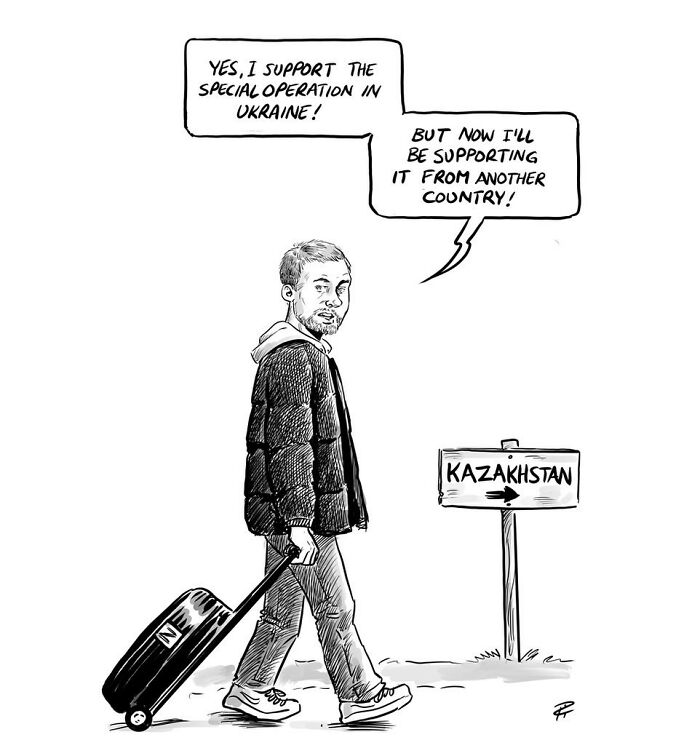 Man with suitcase walking toward Kazakhstan sign, supporting special operation in Ukraine, comic sparking important world conversations.