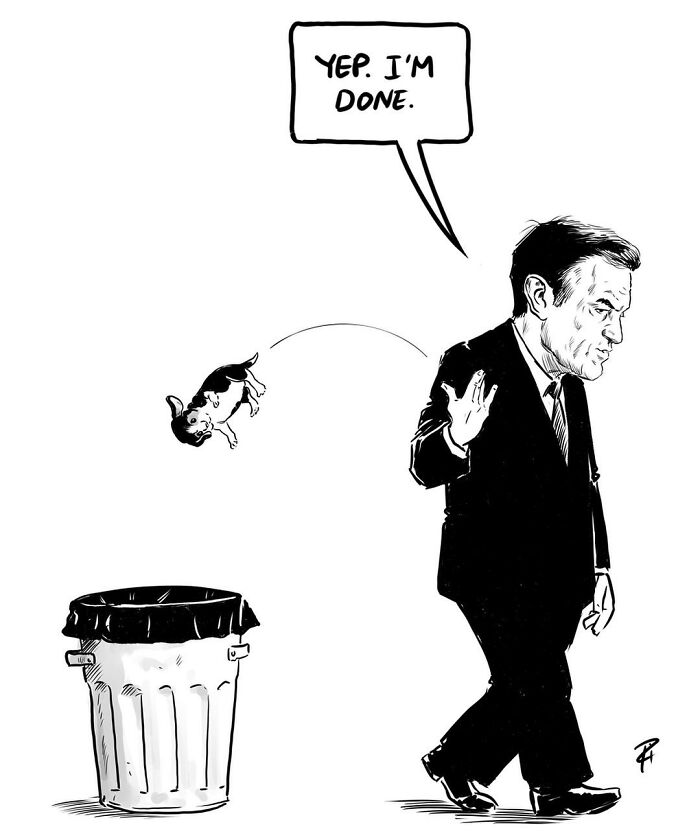 Black and white comic showing a man in a suit throwing a puppy in the trash, sparking important conversations today.