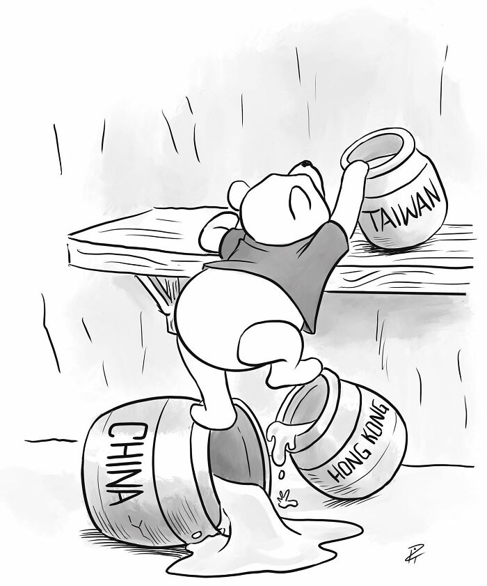 Cartoon bear trying to reach Taiwan jar while standing on spilling China and Hong Kong jars, illustrating comics about today's world.
