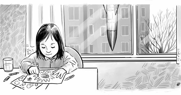 Child drawing a sun at a table while a missile flies outside the window, illustrating comics that spark important conversations.