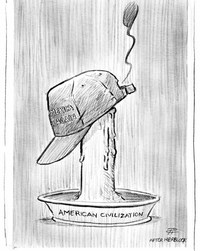 Melting candle labeled American Civilization with a hat resembling a political slogan, illustrating a comic about today’s world issues.