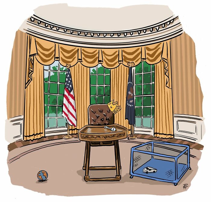 Illustration of a cartoon office with a crown on a chair and a toy car in a cage, representing comics sparking important conversations.