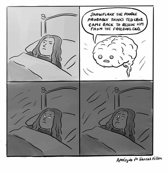 Black and white comic strip featuring a person in bed and a brain, illustrating comics that spark important conversations.