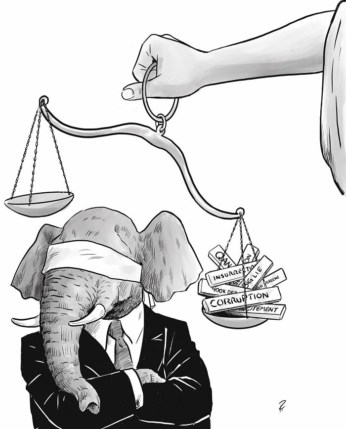 Blindfolded elephant in a suit weighed against corruption and political issues on a scale, comic on today's world conversations.