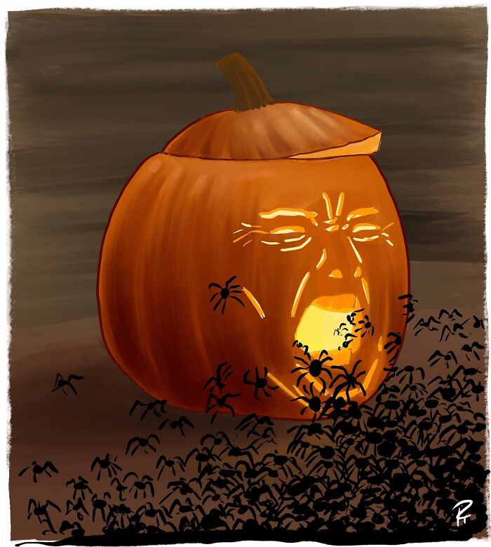 Pumpkin with a carved face vomiting spiders, digital comic art sparking important conversations about today's world.