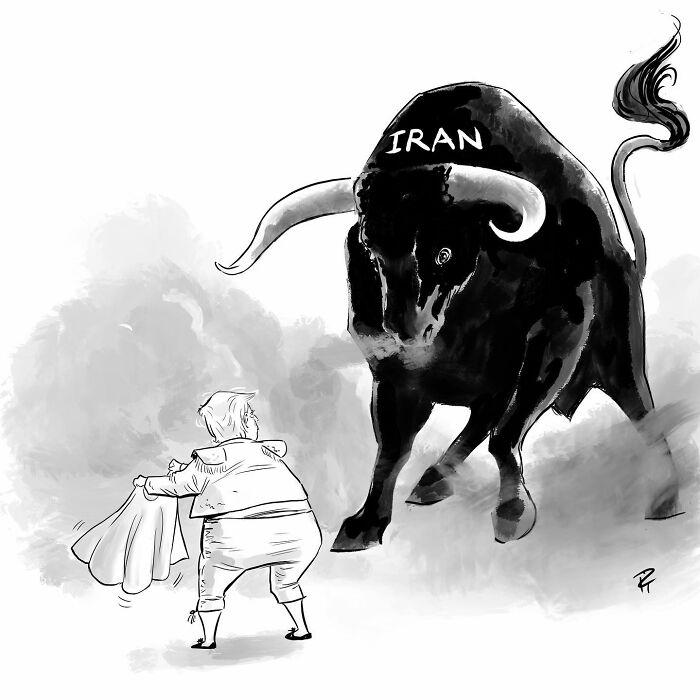 Black and white comic depicting a matador facing a bull labeled Iran, sparking important conversations about today's world.