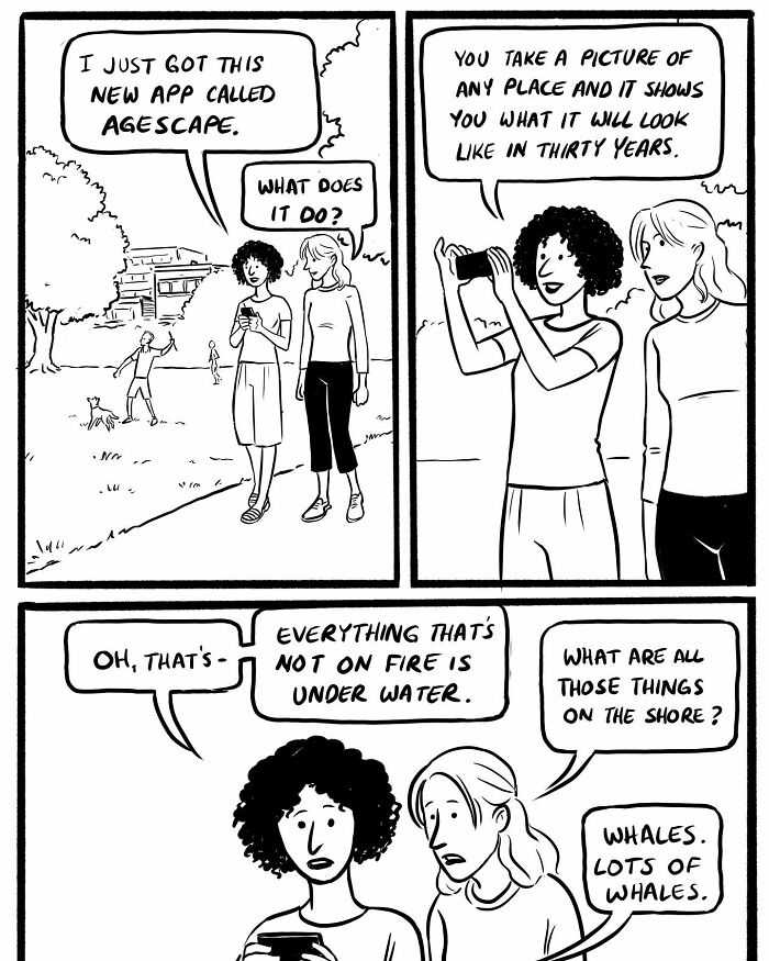 Two women discuss an app showing climate change effects, including fires and floods, in a black-and-white comic strip.