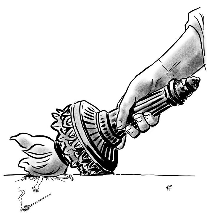 Hand holding a torch resembling the Statue of Liberty extinguishing a bird's flame in a comic sparking important conversations.