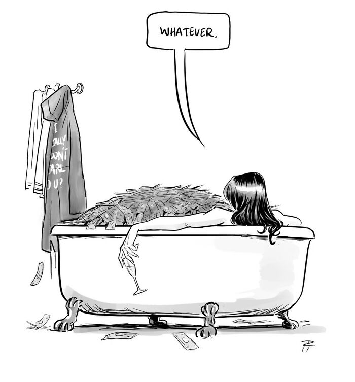 Woman soaking in a bathtub filled with money, holding a glass, with clothes and cash scattered, comic sparking important conversations.