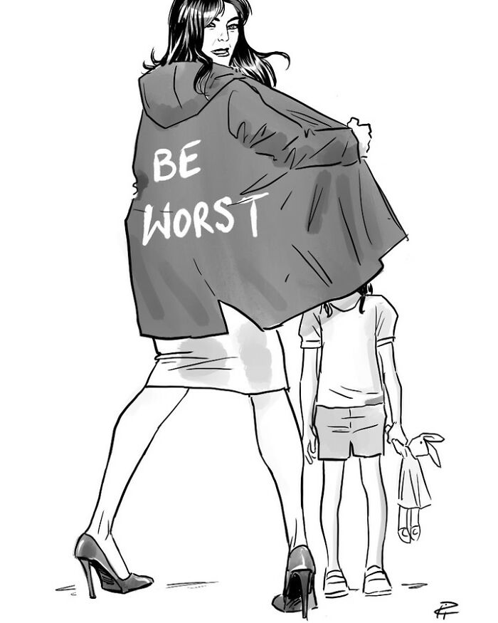 Black and white comic illustration showing a woman in heels with a coat reading be worst, alongside a child holding a doll.