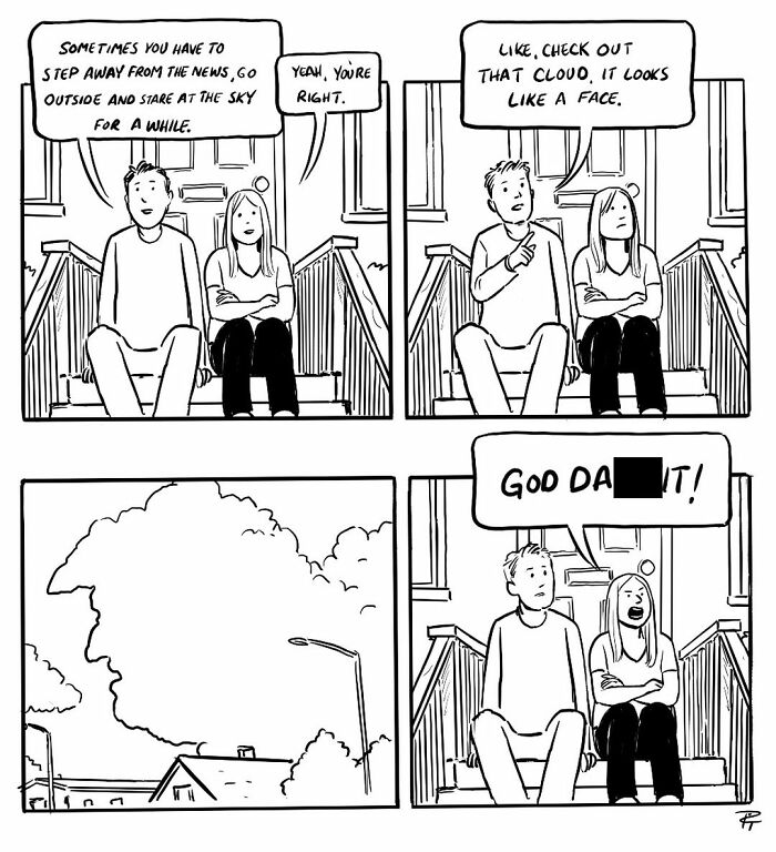 Two people sit on steps in a comic discussing stepping away from the news and noticing a cloud shaped like a face.