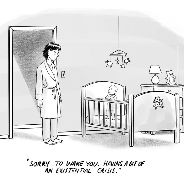 Black and white comic of a tired parent and baby in a crib, sparking important conversations about today's world.
