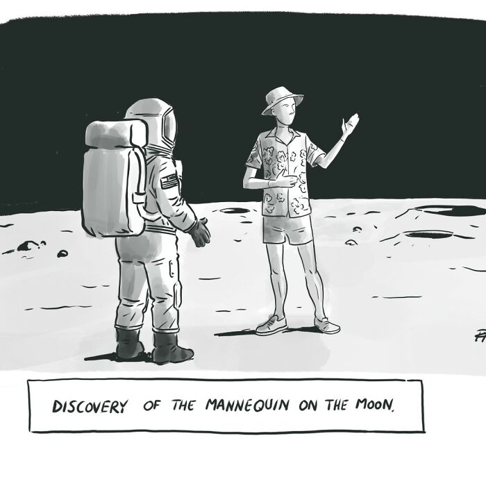 Black and white comic of an astronaut discovering a mannequin on the moon illustrating comics that spark important conversations.
