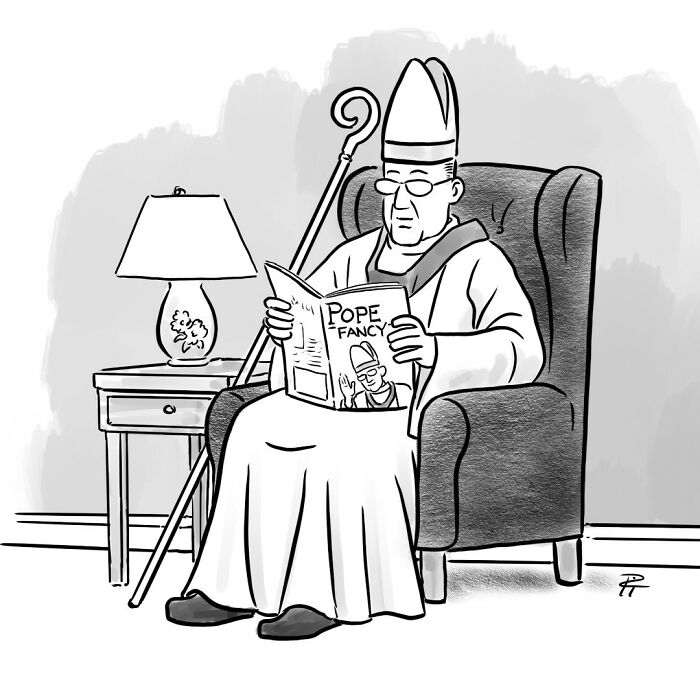 Cartoon of a pope sitting in a chair reading a magazine, illustrating comics that spark important conversations today.