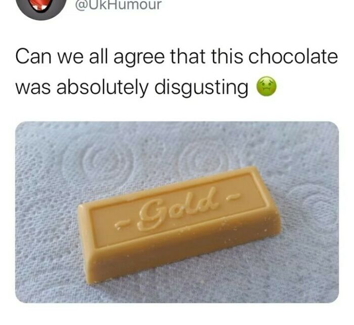 Tweet about an unpopular chocolate opinion paired with a piece of Golden chocolate, highlighting unapologetically British humor.