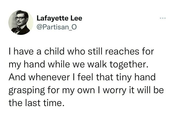 Tweet about parenting with a child still reaching for a parent's hand, reflecting relatable parenting moments and emotions.