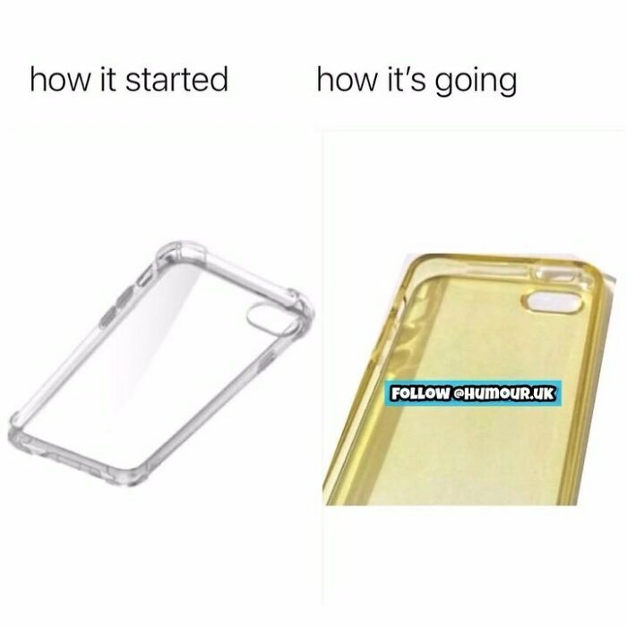Comparison of clear phone case before and after yellowing, illustrating a common unapologetically British meme.