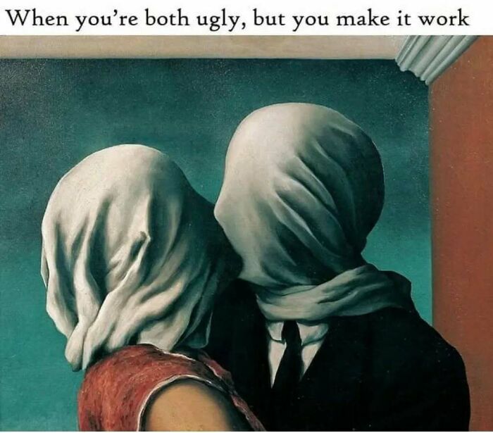 Two people with covered faces in a modern captioned old painting, creating comedy gold with humor and art.