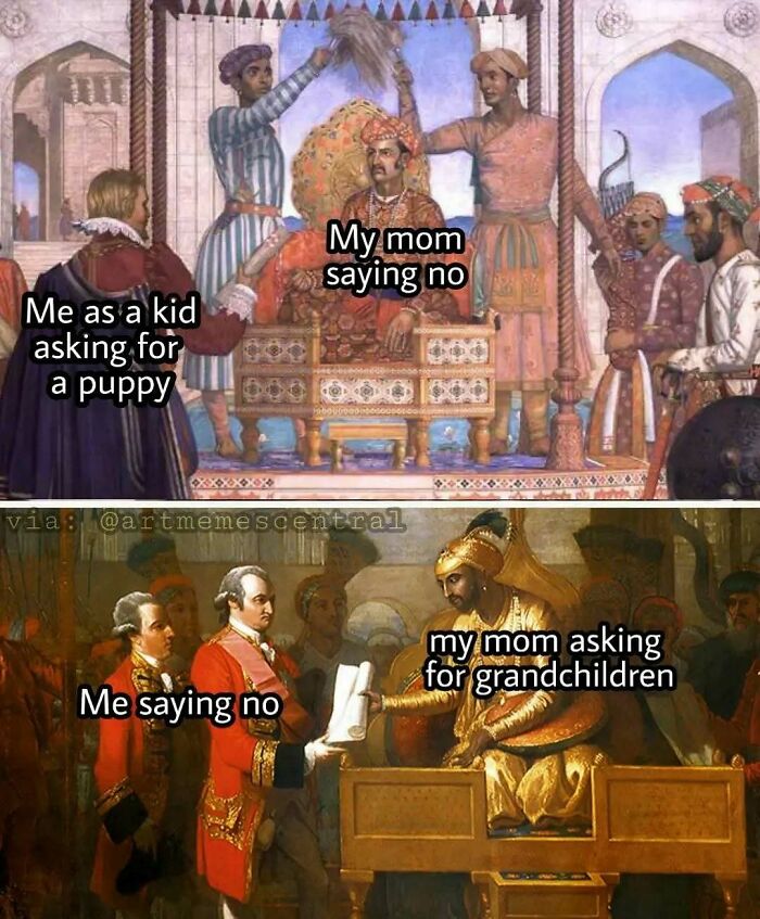 Two old paintings with modern captions added for comedy, featuring family interactions and humorous dialogue.