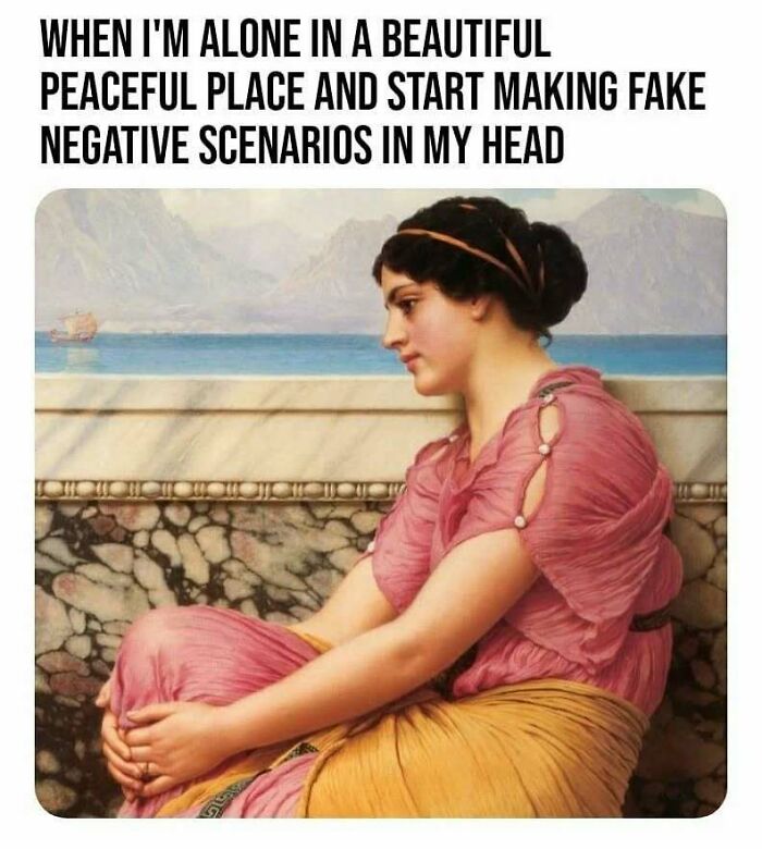 A classical painting of a woman in a pink and yellow dress with a modern caption creating comedy gold.