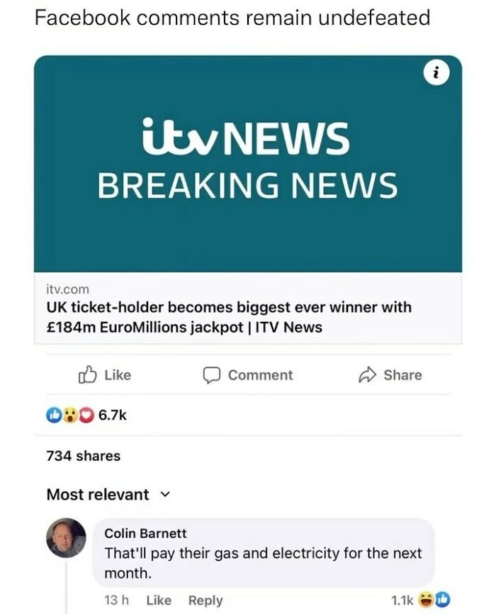 Facebook post about UK EuroMillions jackpot win with a British meme comment on gas and electricity costs.
