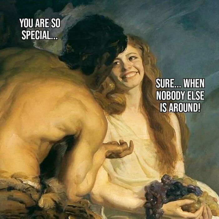 Old painting with modern captions showing a humorous conversation, showcasing comedy gold with added modern captions.