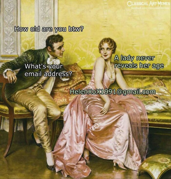 A modern caption added to an old painting showing a humorous conversation about age and email address.