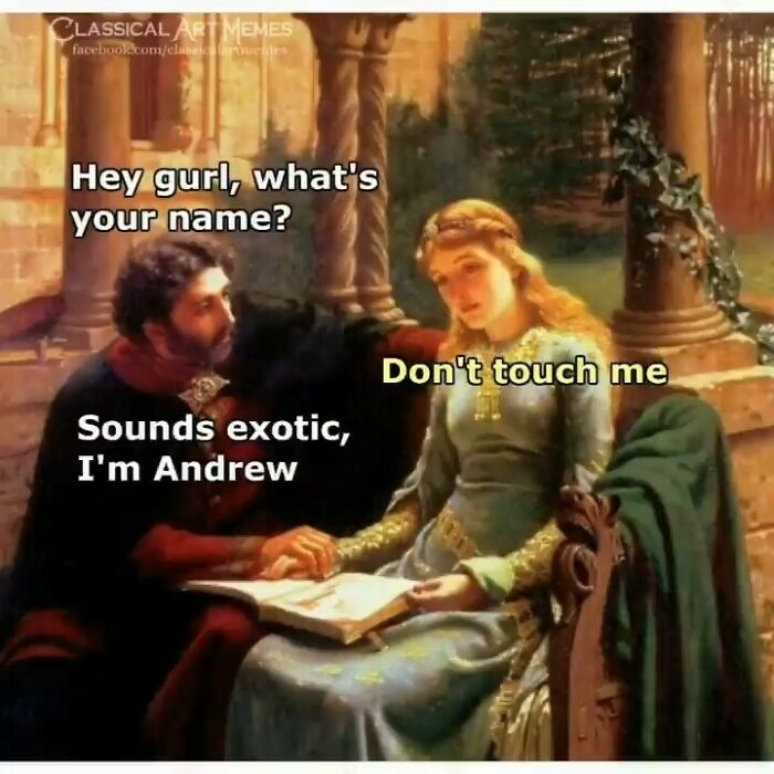 A classical painting with modern captions creating comedy gold by adding humorous dialogue between two figures.