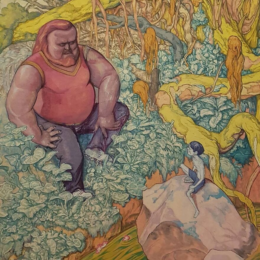 Haunting illustrations blending science, mystery, and story featuring otherworldly characters in a vibrant forest setting.