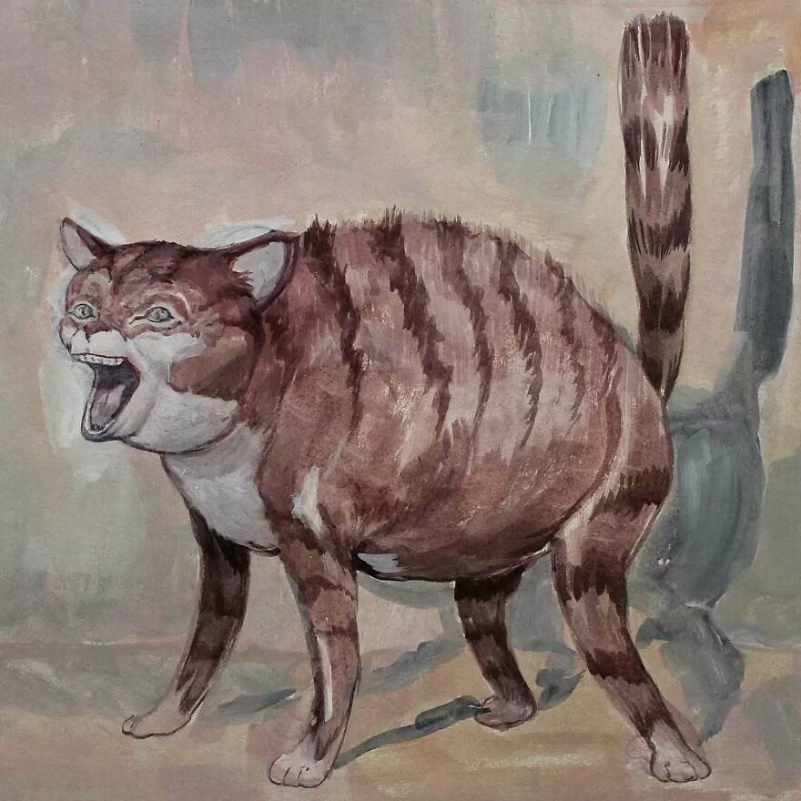 Haunting illustration of a striped cat with a peculiar face, blending science, mystery, and story into an otherworldly world.