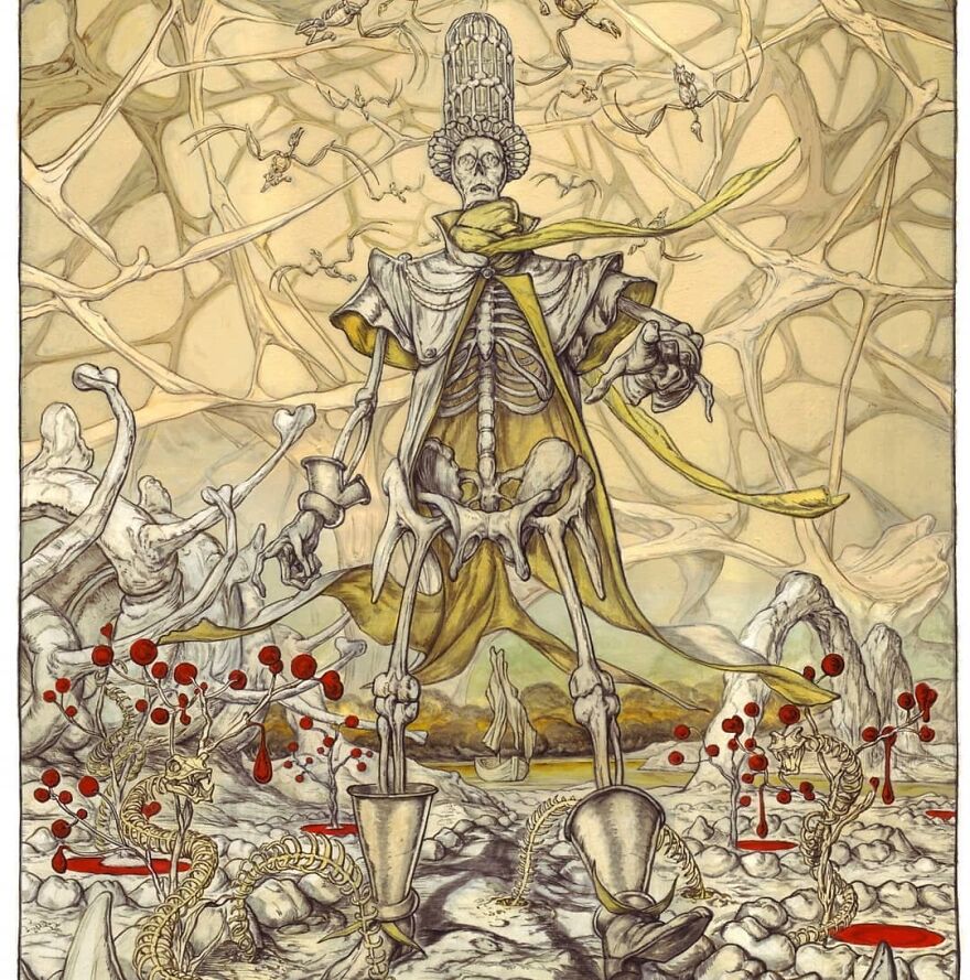 Haunting illustration blending science, mystery, and story features a surreal skeletal figure in an otherworldly landscape.