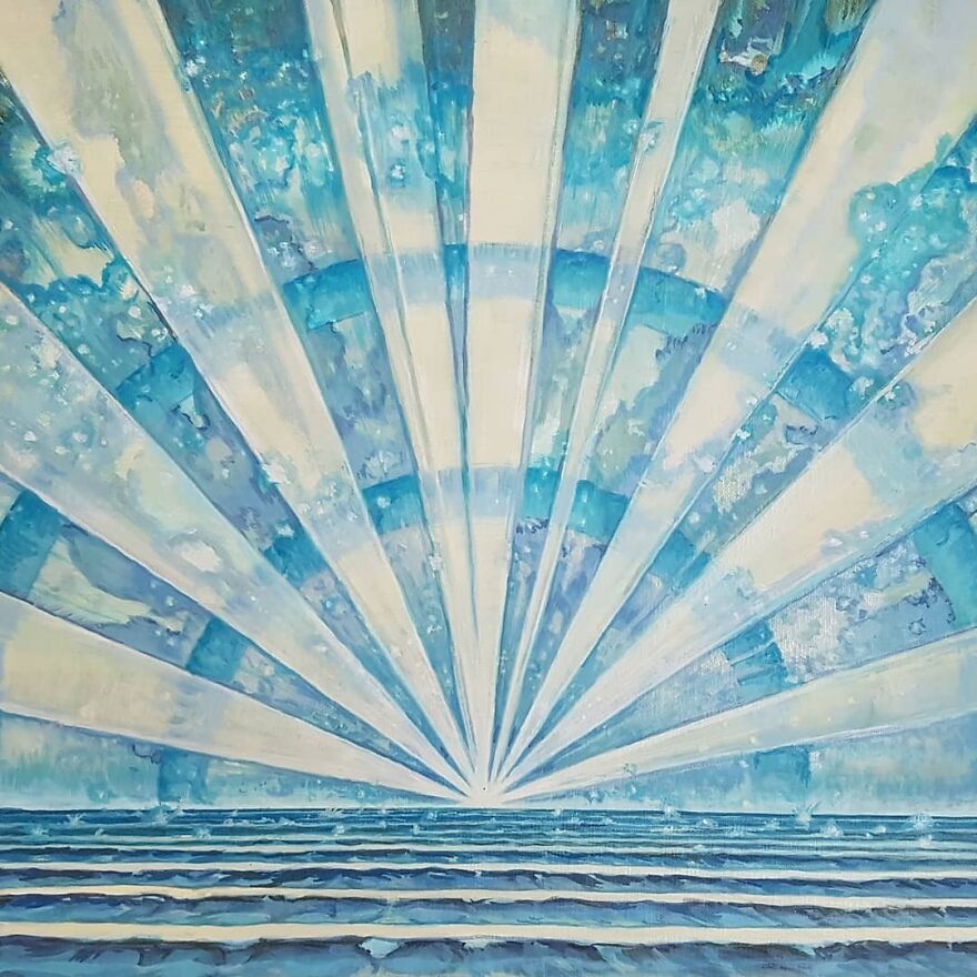 Abstract haunting illustration blending science and mystery with rays and layered blue tones creating an otherworldly world.