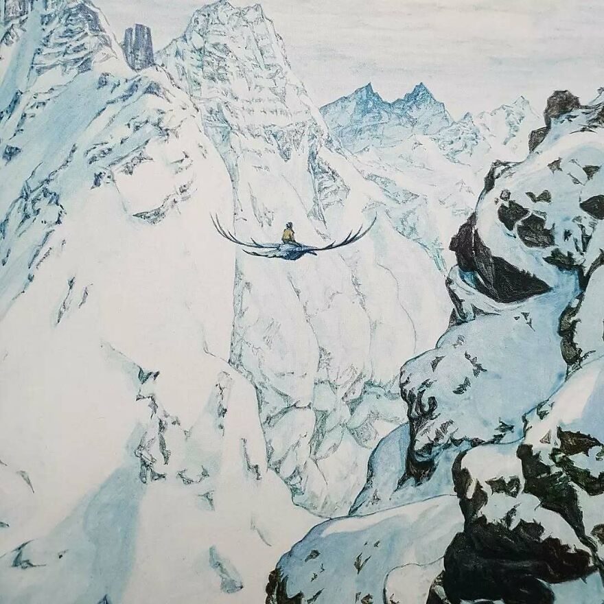 Otherworldly illustration of a figure flying over snowy mountains blending science, mystery, and story in haunting art.