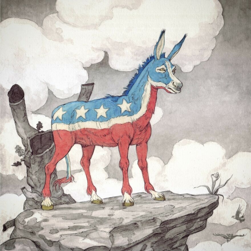 Haunting illustration of a donkey painted with stars and stripes, blending science and mystery in an otherworldly world.