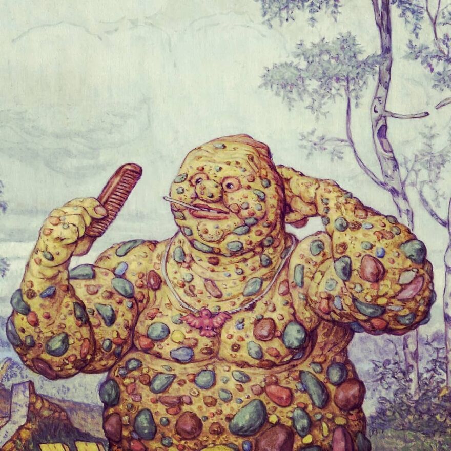 Haunting illustration of a creature covered in colorful stones, blending science, mystery, and otherworldly story elements.