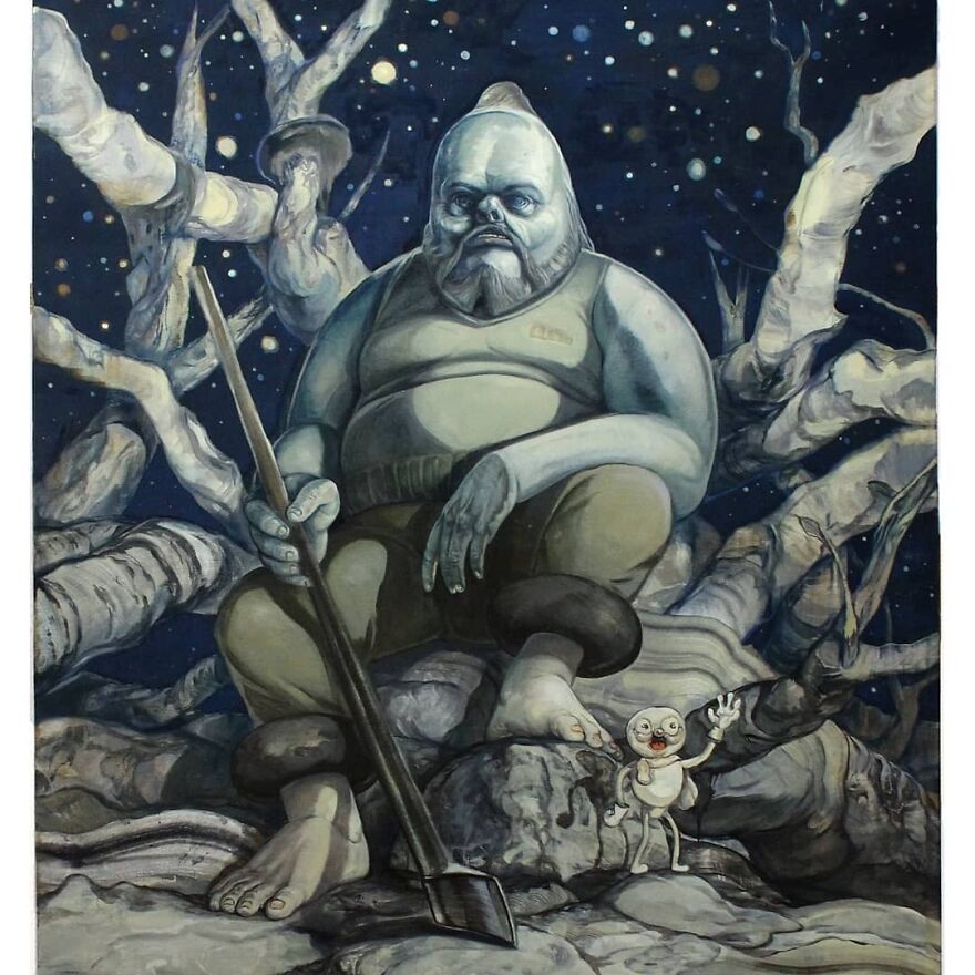 Surreal illustration blending science and mystery depicting a large figure with a shovel in an eerie otherworldly forest.