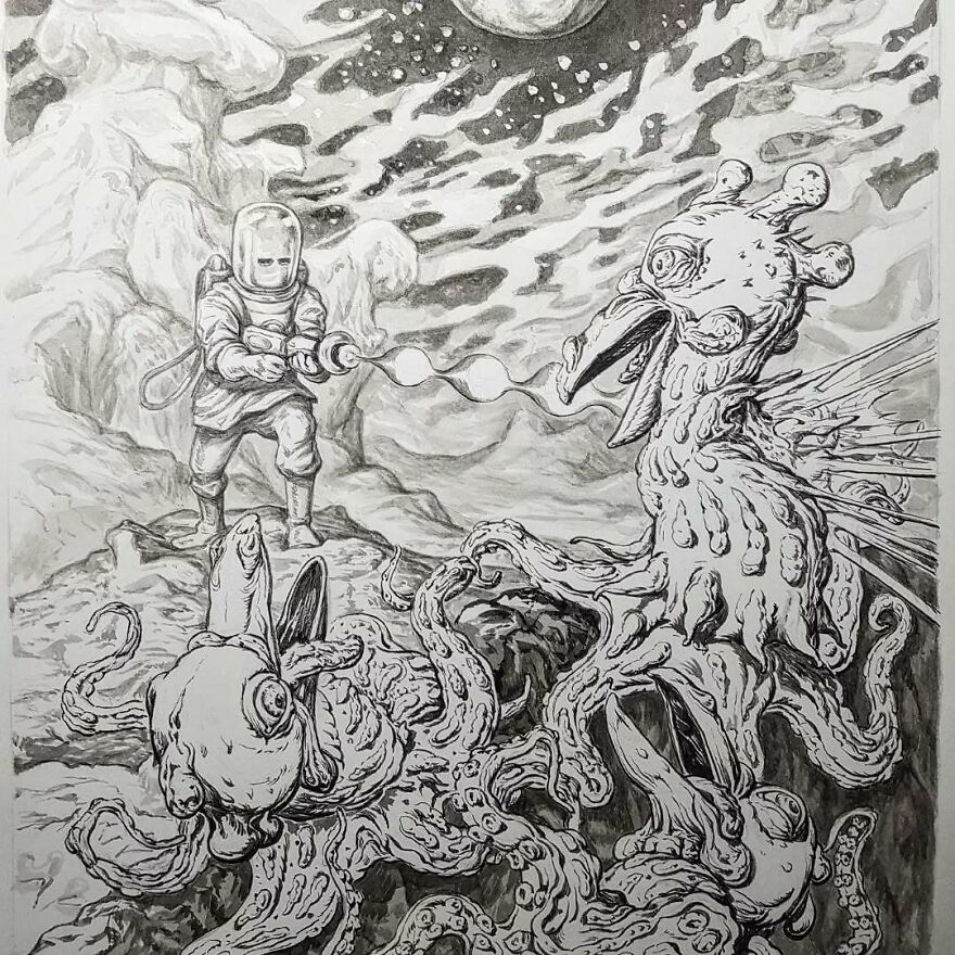 Haunting illustration blending science, mystery, and story showing astronaut confronting alien creatures in otherworldly landscape.