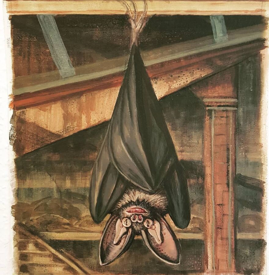 Haunting illustration of a bat hanging upside down in an otherworldly world blending science, mystery, and story.