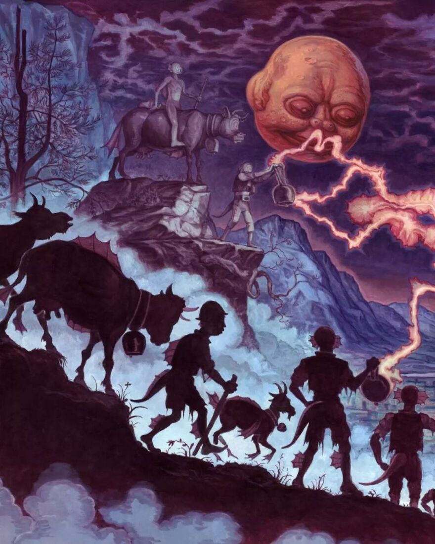 Haunting illustrations blending science, mystery, and story depict otherworldly figures and a fiery celestial face at night.