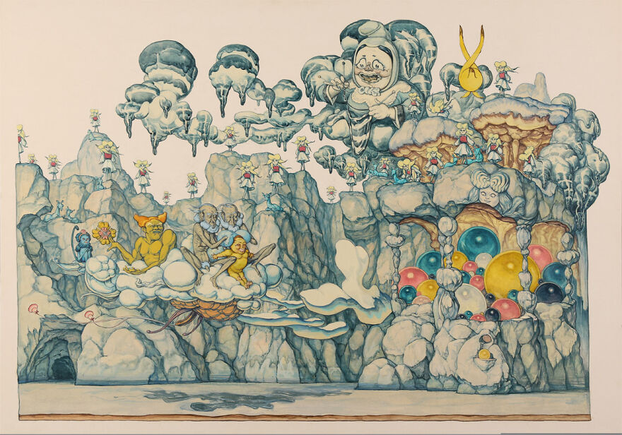 Haunting illustrations blending science, mystery, and story in a detailed, otherworldly landscape with whimsical characters.