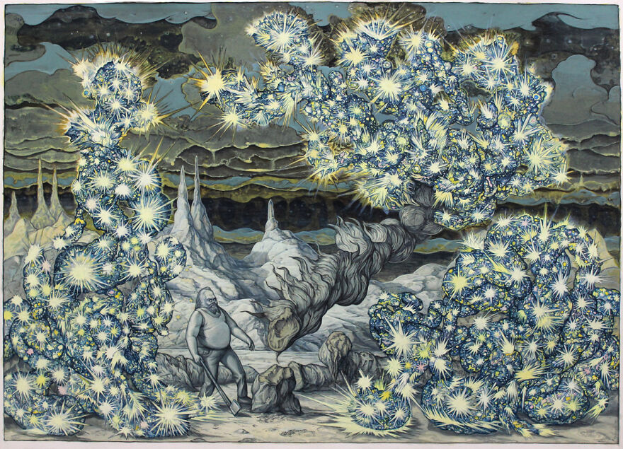 Surreal otherworldly illustration blending science, mystery, and story with glowing, star-like formations in a strange landscape.