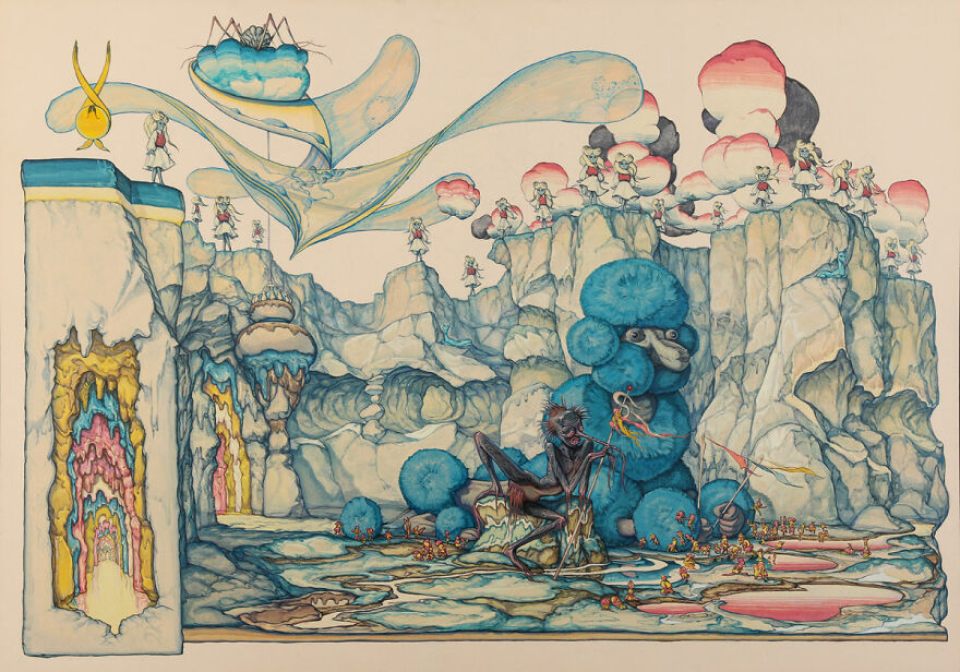 Haunting illustrations blending science, mystery, and story in surreal landscapes with fantastical creatures and intricate details.