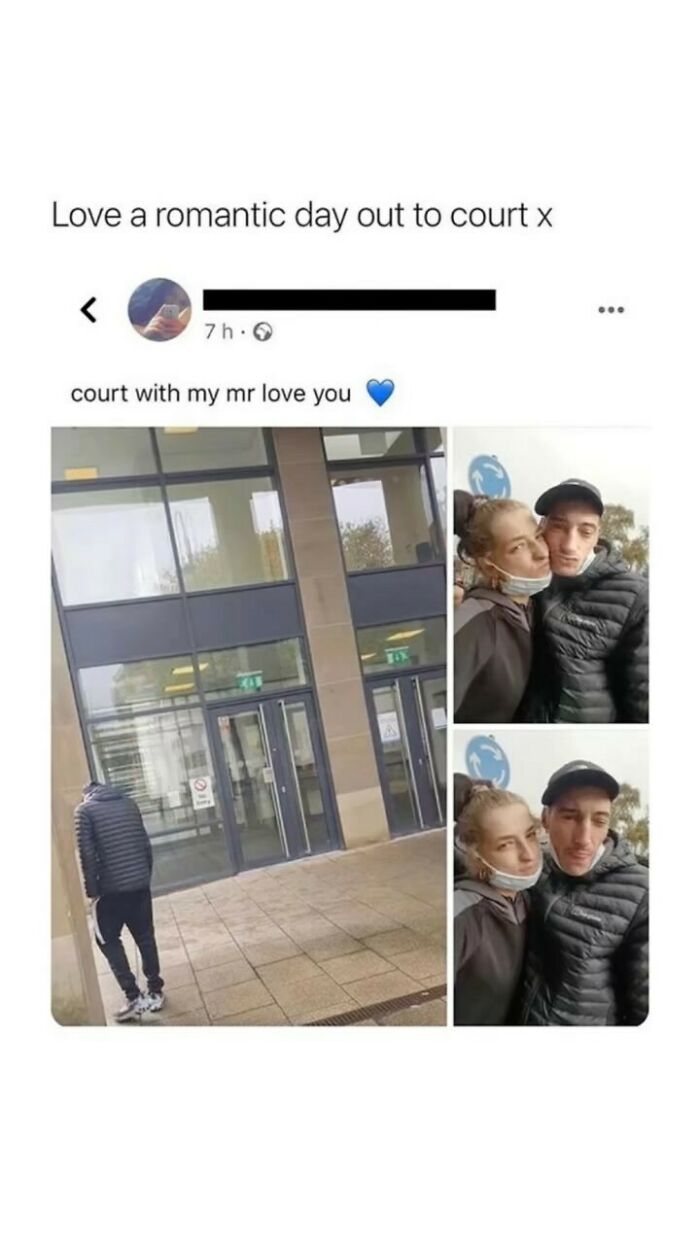 Couple outside a court building sharing selfies, capturing unapologetically British memes and posts humorously.