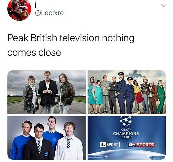 Twitter post showing British TV shows and UEFA Champions League logos, highlighting unapologetically British memes and posts.