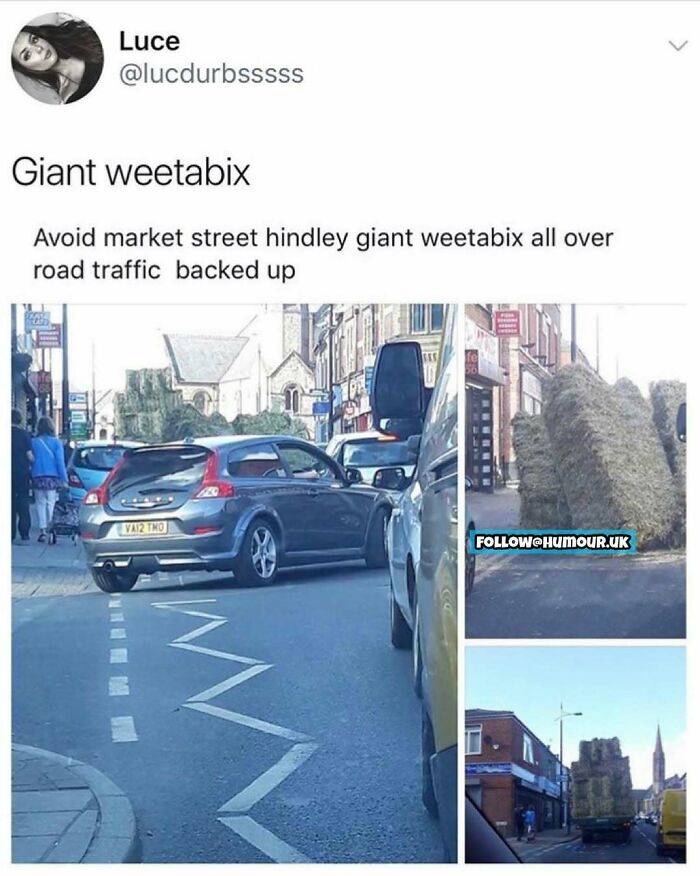 Traffic congestion caused by a giant stack of hay bales humorously described as a giant weetabix British meme.