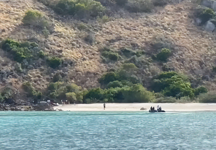 Remote island shore with sparse vegetation and small group of people near the water, related to elderly woman stranded incident.