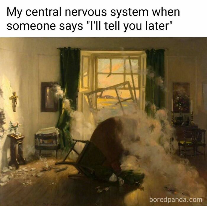 Old painting humorously captioned with modern text showing a chaotic room with broken furniture and smoke.